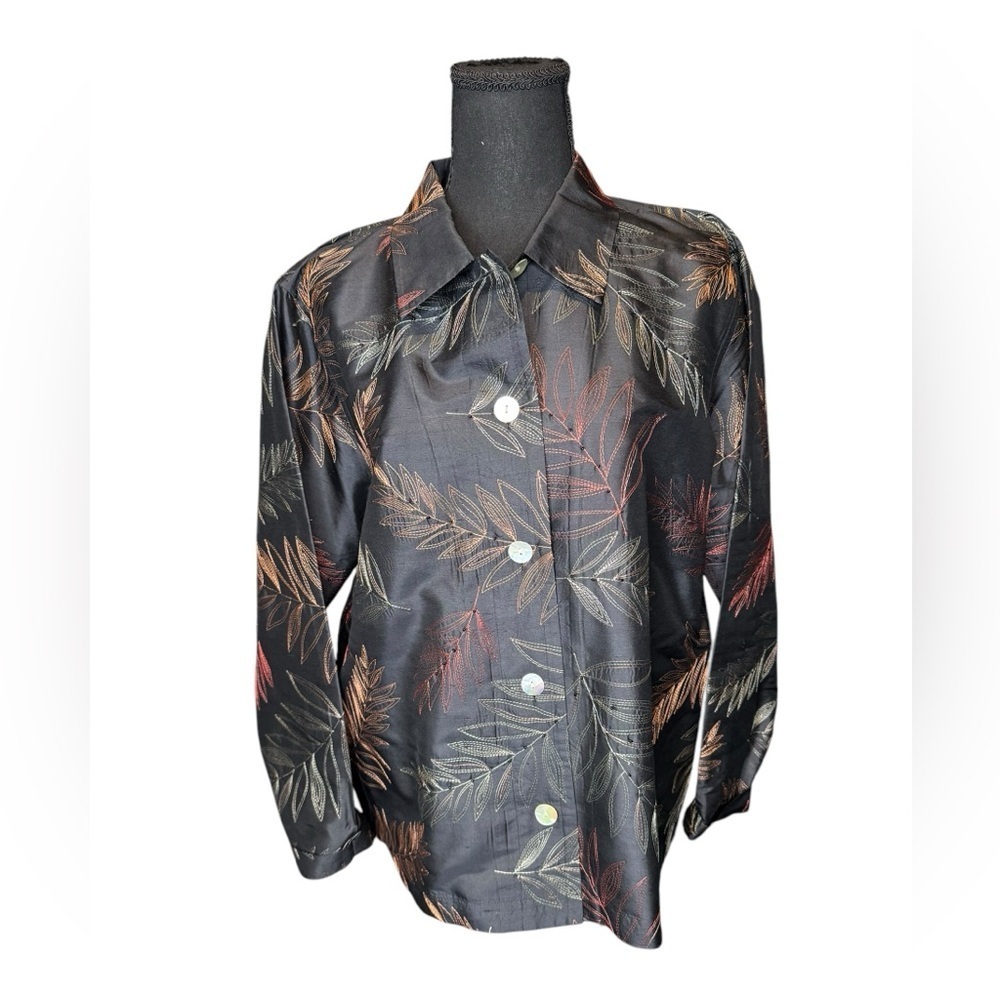 French Laundry 100% Silk Button Down Shirt L Embroidered Leaf Black Boho Chic